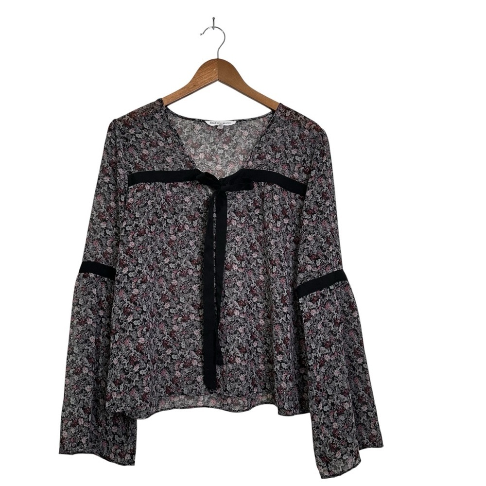 BCBGeneration Women’s Medium Black Sheer Floral Print Romantic Fairy Flowy Top